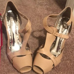BCBG tan wedge sandals